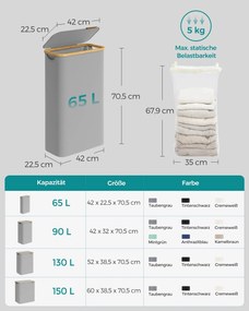 Kôš na prádlo s viečkom, úzky kontajner na prádlo 65 L, 42 x 22,5 x 70,5 cm, holubia šedá