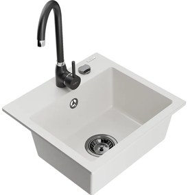 Mexen Milo, 1-komorový granitový drez 435x410x171 mm a čierna batéria Telma, biela, 6505-20-670200-70