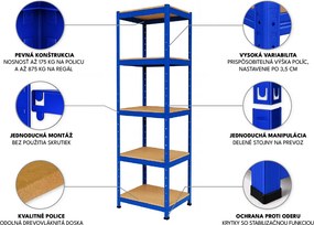 Akcia 10x Regál 180x40x40 cm lakovaný 5-policový, nosnosť 875 kg - modrý