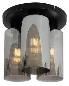 Stropné svietidlo v štýle Art Deco čierne s dymovým sklom 3-svetlo - Laura