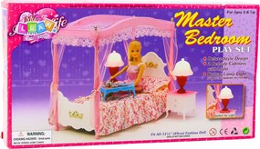 LEAN Toys Sada nábytku pre bábiky Posteľ s baldachýnom Nočné stolíky Lampy