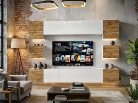 Obývacia stena Belini Premium Full Version dub wotan / biely lesk  + LED osvetlenie Nexum 46