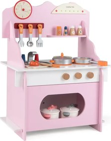 Detská kuchynka s kompletným príslušenstvom Bábikové kravy s hodinami, sporákom a poličkou na koreniny Ružová