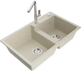 Mexen Tomas, 2-komorový granitový drez 800x500x190 mm a drezová batéria Flora, béžová, 6516-69-670401-00
