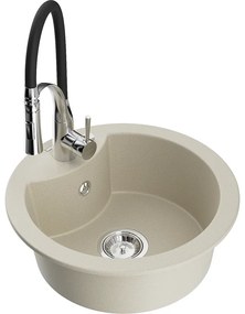 Mexen Diego, 1-komorový granitový drez 488x488x167 mm a drezová batéria Aster, béžová, 6512-69-73450-07