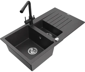 Mexen Matias, granitový drez 900x505x200 mm, 1,5-komorový a čierna batéria Duero, čierna škvrnitá, 6502-76-671600-70