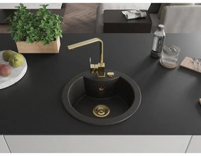 Mexen Diego, 1-komorový granitový drez 488x488x167 mm, zlatý sifón, zlatá lesklá batéria Rita, čierna-zlatá metalíza, 6512-75-670300-50