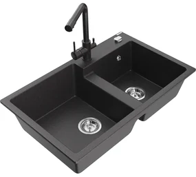 Mexen Tomas, granitový drez 800x500x190 mm, 2-komorový a čierna škvrnitá batéria Duero, čierna škvrnitá, 6516-76-671600-76