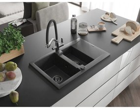 Mexen Gaspar, granitový drez 737x475x177 mm, 1,5-komorový a drezová batéria Duo, čierna škvrnitá, 6507-76-671701-07-B