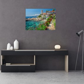 Sklenený obraz - Malebné pobrežie dediny (70x50 cm)