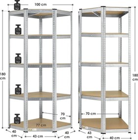 Kovový rohový regál 180x70x40-70 cm, 5 políc, nosnosť 875 kg