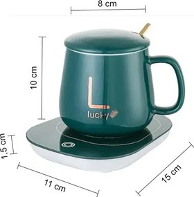 Súprava keramického hrnčeka s elektrickým ohrievačom Lucky v darčekovom balení - zelený