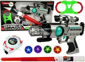 LEAN Toys Sada vesmírneho bojovníka: laserová zbraň, svetelný meč, putá, vrhač diskov