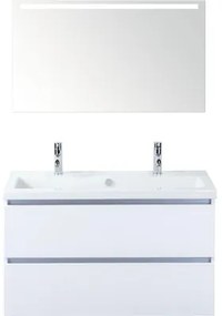 Kúpeľňový nábytkový set Vogue 100 cm s keramickým umývadlom 2 otvormi na kohúty a zrkadlom s LED osvetlením biela vysoko lesklá