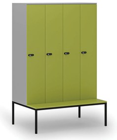 Drevená šatníková skrinka S4 s lavičkou, 4 oddiely, 1871 x 1200 x 500/800 mm, demont, mechanický kódový zámok, sivá/zelená