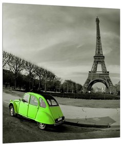 Obraz Eiffelovej veže a zeleného auta (30x30 cm)