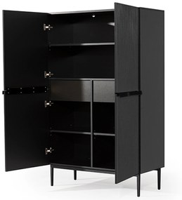 Vysoká komoda Nicole 100 cm s dvoma dverami a ryhovaným čelom - matná čierna / čierne nohy