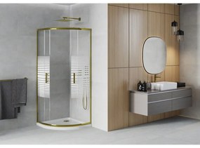 Mexen Rio, štvrťkruhový sprchovací kút s posuvnými dverami 90(dvere) x 90(dvere) x 190 cm, 6mm číre sklo s pásikmi, zlatý profil + biela sprchová vanička SLIM, 863-090-090-50-20-4110G