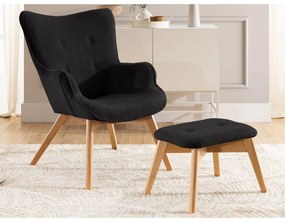 Čierne menčestrové kreslo s podnožkou Niko – Ropez