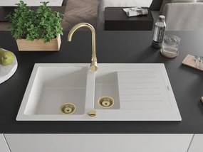 Mexen Matias - drez granitový 900x505x200 mm, 1,5-komorový, biela so zlatým sifónom, 6502901505-20-G