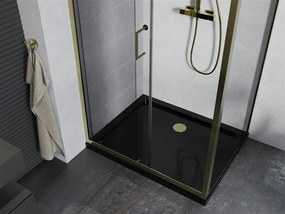 Mexen Apia sprchovací kút s posuvnými dverami 120 (dvere) x 70 (stena) cm, 5mm číre sklo, zlatý profil + čierna sprchová vanička SLIM, 840-120-070-50-00-4070G