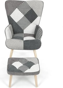 Relaxačné kreslo ušiak LISA + taburet — masív, látka, čiernobiely patchwork