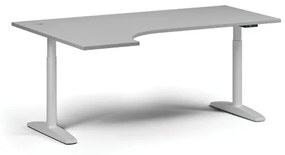 Výškovo nastaviteľný stôl OBOL, elektrický, 675-1325 mm, rohový ľavý, doska 1800x1200 mm, biela zaoblená podnož, sivá