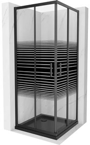 Mexen Rio, štvorcový sprchovací kút s posuvnými dverami 70(dvere) x 70(dvere) x 190 cm, 6mm číre sklo s pásikmi, čierny profil + čierna sprchová vanička SLIM, 860-070-070-70-20-4070B