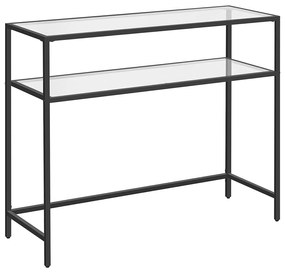 Konzolový stolík sklenený s policou, tvrdené sklo, kovový rám, čierny
