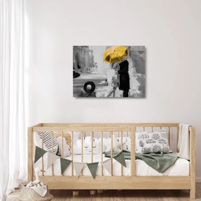 Sklenený obraz - Zamilovaný pár pod dáždnikom, žltý (70x50 cm)