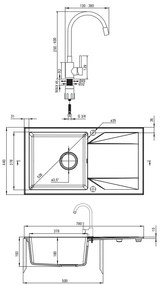 Deante Evora, 1-komorový granitový drez s odkvapkávačom 780x440x193 mm a kuchynská batéria Luno s flexibilným ramenom, čierna, DEA-ZQJJN113