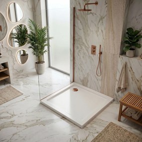 Rea Belmond, sprchová akrylová vanička biela 80x80, medená matná odtoková krytka, KPL-04370
