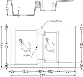 Mexen Gaspar, granitový drez 737x475x177 mm, 1,5-komorový, čierna škvrnitá s čiernym sifónom, 6507731505-76-B