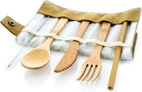 Klarstein Cestovný príbor, 5-dielna súprava, v hnedom obale, zrolovateľný, bambus