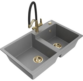 Mexen Tomas, 2-komorový granitový drez 800x500x190 mm a kuchynská batéria Duo, šedá, 6516-71-671701-57-G