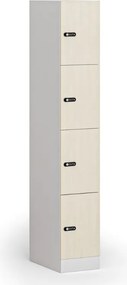 Šatníková skrinka S1 s úložnými boxmi, 4 boxy, 1850 x 300 x 500 mm, mechanický kódový zámok, laminované dvere, breza