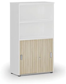 Kombinovaná kancelárska skriňa PRIMO WHITE, zasúvacie dvere na 2 poschodia, 1434 x 800 x 420 mm, biela/dub prírodná