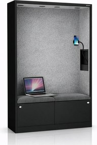Kancelárska akustická kabína so sedadlom a portom USB-C, telo v čierny / sedák sivá v zelenej farbe, 1150 mm: SALLY MentalBox