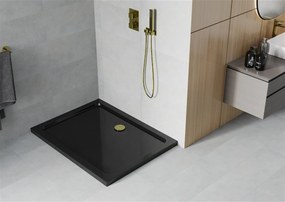 Mexen Flat, akrylátová sprchová vanička 130x90x5 cm SLIM, čierna, zlatý sifón, 40709013G