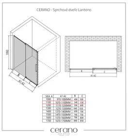 CERANO - Sprchové posuvné dvere Lantono L/P - 8 mm - čierna matná, grafitové sklo - 110x195 cm, CER-CER-8050BD7236