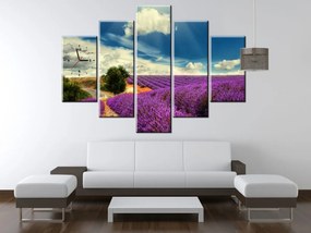 Gario Obraz s hodinami Čarovná levanduľová krajina - 5 dielny Rozmery: 150 x 70 cm