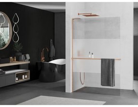 Mexen Kioto+ L, sprchová zástena Walk-In s poličkou a vešiakom 120 x 200 cm, 8mm číre sklo-námraza, medený matný profil, 800-120-123-65-35