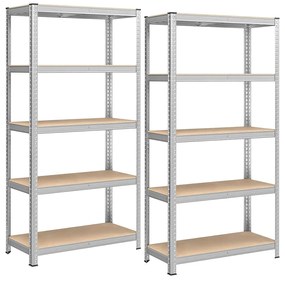 Regály 5-úrovňové s oceľovým rámom a vysokou nosnosťou, sada 2 ks, strieborné