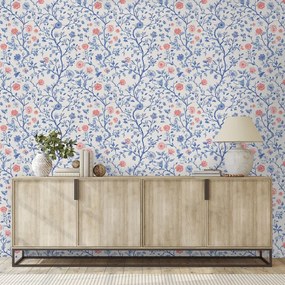 Tapeta modré a ružové kvetinové vetvičky