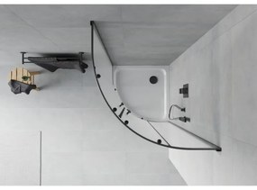 Mexen Rio, štvrťkruhový sprchovací kút s posuvnými dverami 90(dvere) x 90(dvere) x 190 cm, 6mm sklo námraza, čierny profil + biela sprchová vanička SLIM, 863-090-090-70-30-4110B