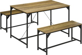 HOMCOM Jedálenský stôl so 2 lavicami, oceľový rám, stôl pre 4 osoby 120 x 70 x 75 cm, lavica 100 x 30 x 45 cm, do kuchyne, jedálne, obývačky, prírodný