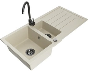 Mexen Andres, granitový drez 1000x500x200 mm, 1,5-komorový, béžová s čiernym sifónom a čierna drezová batéria Telma, 6515-69-670200-70