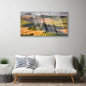 Skleneny obraz Príroda vrchoviny lúky domček 140x70 cm