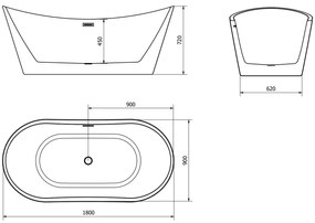 Mexen Montana, voľne stojaca vaňa 180 x 90 cm, biela-čierna, brúsená oceľ prepad, 52011809075-97