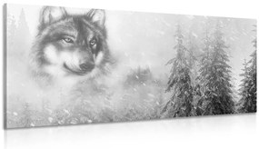 Obraz vlk v zasneženej krajine v čiernobielom prevedení - 120x60